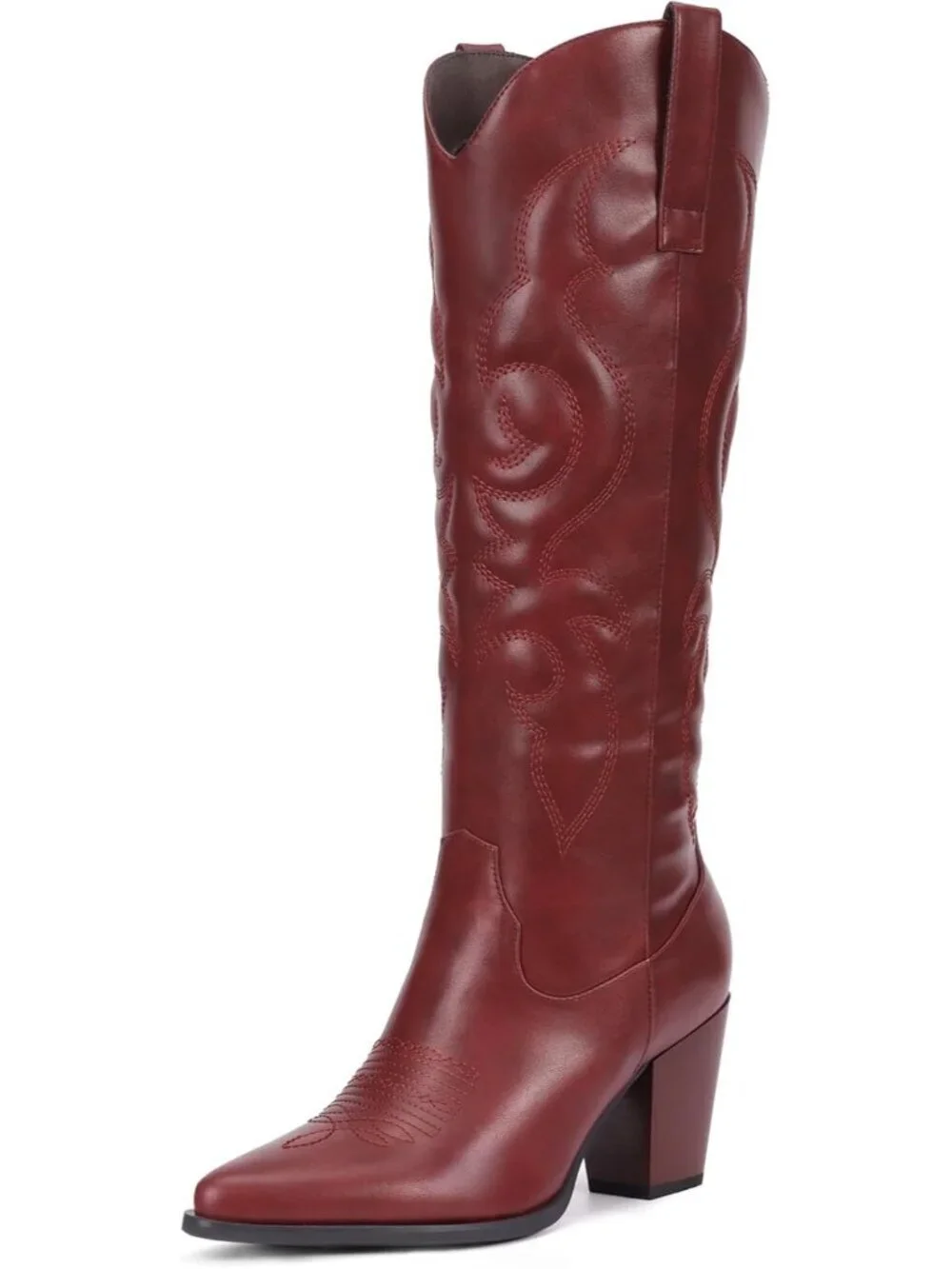 Women Burgundy Pull On Side Zipper Knee High Cowgirl Retro Pointed Toe Tall Boot